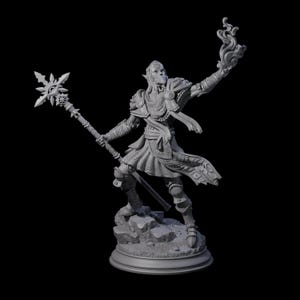 May include: A detailed grey figurine of a fantasy character, holding a staff with a starburst design and a flaming orb. The character is clad in armour and a flowing tunic, standing on a rocky base. The figure has pointed ears and a sword at their side.