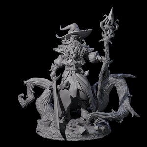Peut inclure: Une figurine miniature en résine grise représentant un magicien barbu portant un chapeau à larges bords et de longues robes. La figurine tient un grand bâton noueux dans une main et une épée dans l'autre, entourée de racines.