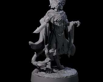 May include: A gray figurine of a humanoid cat-like creature, holding a knife. The figure is wearing a cloak and detailed clothing, standing on a circular base. The creature has pointed ears and a long tail.