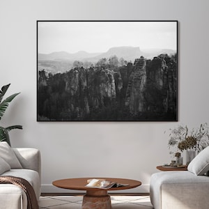 Photo montagnes de grès de l'Elbe, Allemagne, art mural, affiche noir et blanc, téléchargement immédiat, imprimable sur de nombreux formats