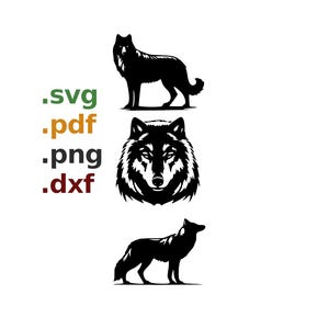 Puede incluir: Silueta en blanco y negro de un lobo en tres poses diferentes: de pie, solo la cabeza y corriendo. El texto .svg, .pdf, .png y .dxf se muestra debajo de las imágenes.