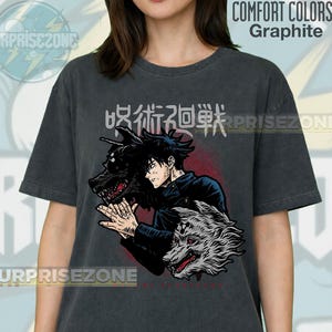 Jujutsu Kaisen Megumi Fushiguro Anime T-Shirt, Graphic Wolf Print Tee RZ image 1