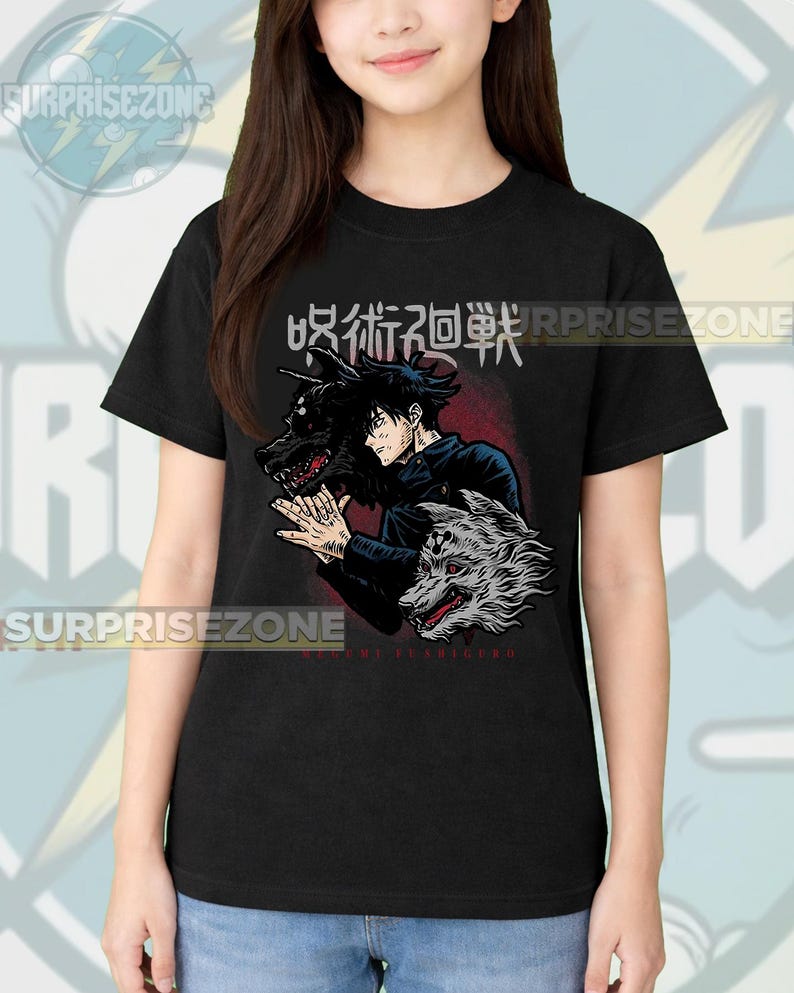 Jujutsu Kaisen Megumi Fushiguro Anime T-Shirt, Graphic Wolf Print Tee RZ image 2