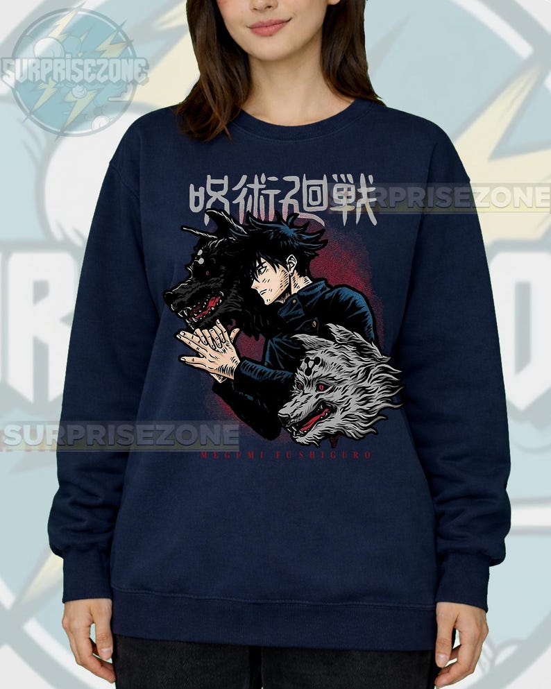 May include: Navy blue sweatshirt featuring a graphic of an anime character with two wolf-like creatures. The design includes Japanese text and the name "MEGUMI FUSHIGURO" in red. The sweatshirt has long sleeves and a crew neck.