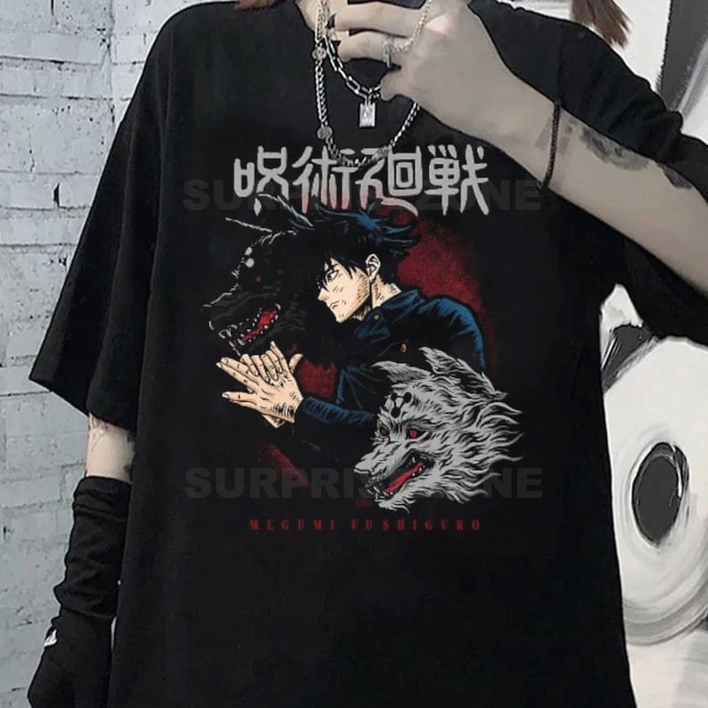 Jujutsu Kaisen Megumi Fushiguro Anime T-Shirt, Graphic Wolf Print Tee RZ image 3