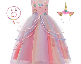 Quedoris Girls Dress Unicorn Printed Casual Party Twirly Dress for Kids in 2t to 9 Years