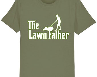 May include: A green t-shirt with a white silhouette of a person mowing a lawn and the text "The Lawn Father" in green letters.