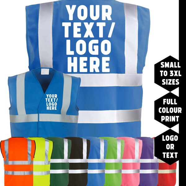 Personalised custom printed hi viz high vis safety vest waistcoat blue