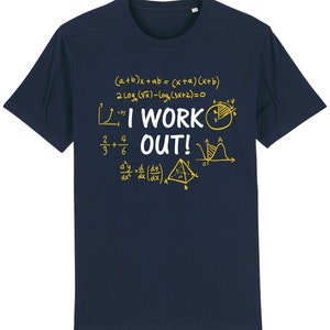 May include: A navy blue t-shirt with a yellow graphic of mathematical equations and the text "I WORK OUT!"