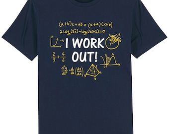 May include: A navy blue t-shirt with a yellow graphic of mathematical equations and the text "I WORK OUT!"