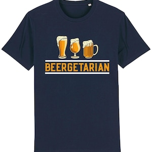 May include: A navy blue t-shirt featuring a graphic of three beer glasses and the text "BEERGETARIAN" in yellow.