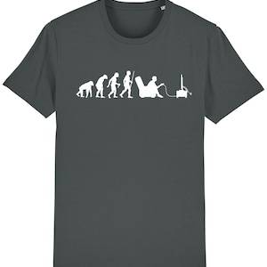 May include: A dark grey t-shirt featuring a white graphic of the evolution of man, culminating in a person sitting in a chair playing video games.