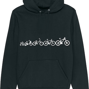 May include: A black hoodie featuring a white graphic of a line of bicycles of different sizes, from a tiny tricycle to a large mountain bike.