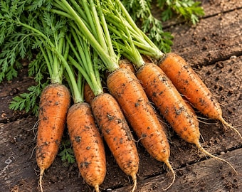 Puede incluir: Un manojo de zanahorias naranjas frescas con hojas verdes, cubiertas con un poco de tierra oscura. Las zanahorias están dispuestas sobre una superficie de madera oscura y desgastada. El texto Tattoo Gardener es visible abajo a la derecha.
