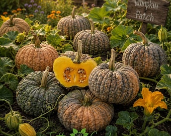 May include: A collection of pumpkins in a garden setting. The pumpkins vary in color from green to orange, with one cut open to reveal the inside. A wooden sign reads "Pumpkin Patch". The text "Tattoo Gardener" is also visible.