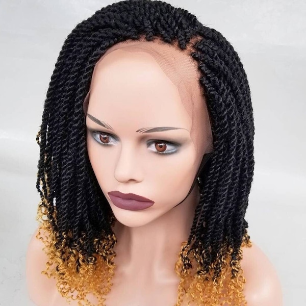Braid Wig Kinky Twist, Lace Frontal Braid Wig, Wig For Black Woman, Senegalese Twist Braid Wig, Gold, Black WigAfrican Braided Wig