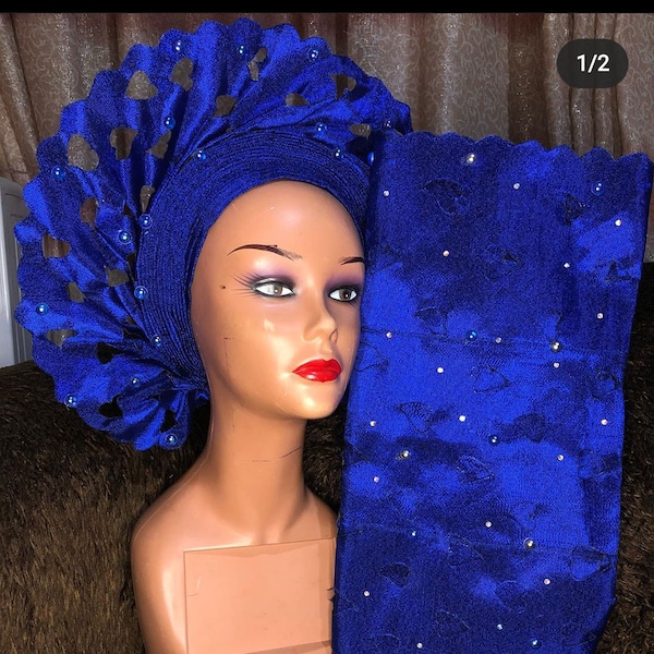 Autogele Headwrap, Blue Nigerian Asooke Gele HeadTie, Headwrap For Black Women, African Headwrap, Gele Headwrap
