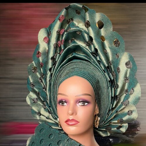 Autogele Aso-Oke,Green And Gold Mix African Headpiece Heat-tie Headwrap Headwear, Pre-Tied African Headwrap For Black Women, Nigerian shops Gele