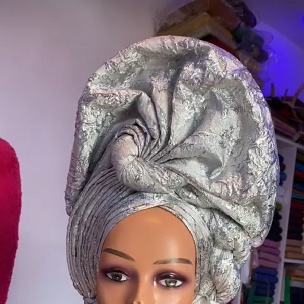 Silver Autogele Damask, Pre-Tied African Head-wrap Turban Headwear Headpiece , Nigerian Yoruba Bride Gele