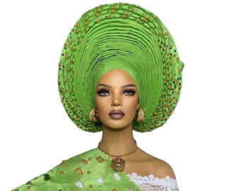 Green Autogele Aso-Oke, Ready To Wear Lacer-Cut Gele And Ipele Aso-Oke, African Headpiece Head-tie Headwear HeadWrap For Women, Yoruba Bride