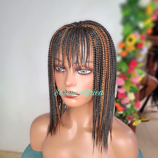 Multicolor Braid Wig With Bangs, Braided Wig, Lace Closure Orange Gold Brown Gray Black Mix Short Box Braid Wigs, Wigs For Black Women,