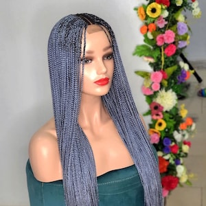 Braided Wig, Gray Long knotless Box Braid Wig, Wigs For Black Women, Small Size Box Braid Wig, Lace Closure Wig