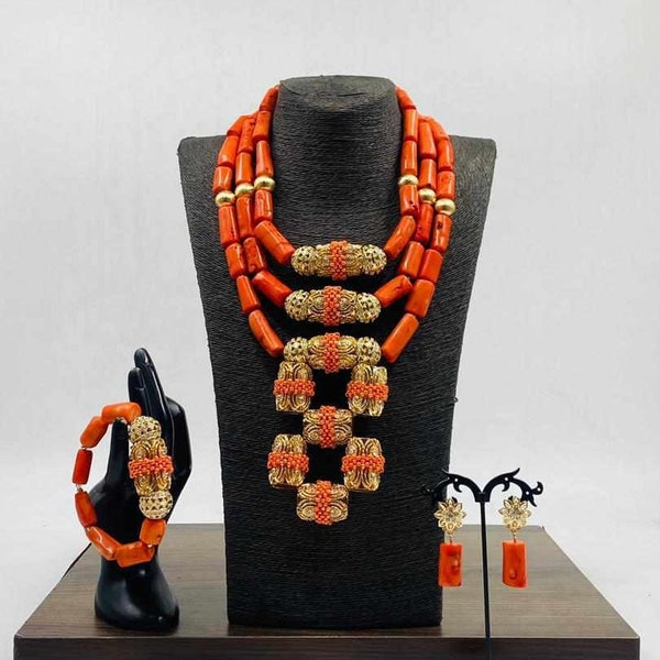 Authentic African Coral Beads, Bride Complete Set Coral Beads, Wedding Jewelry Accessories, Nigerian Edo Igbo Brides Accessories, Earrings,