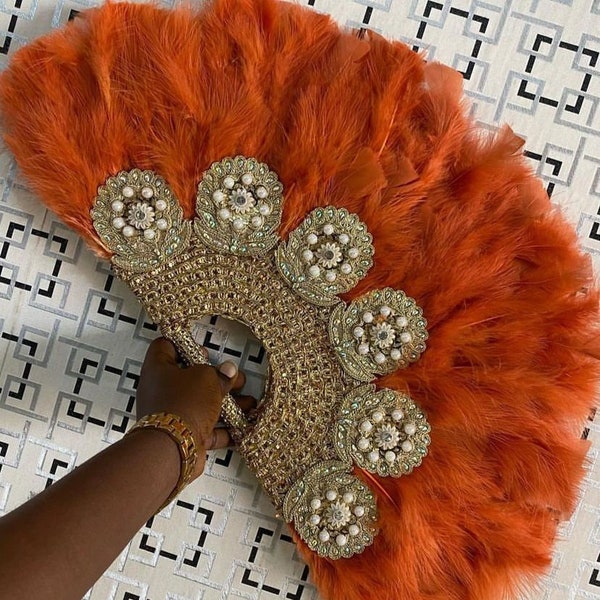 Orange Gold Feather Hand Fan, Clutch Semi-Circle African Traditional Wedding Bridal Hand Fan, Nigerian Wedding Hand fan, Bridesmaids Handfan