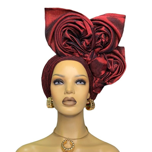 Autogele Aso-Oke, Pre-Tied Gele, Wine Headwrap, African Fabric, African Turban, African Headband, African Head wrap For Women