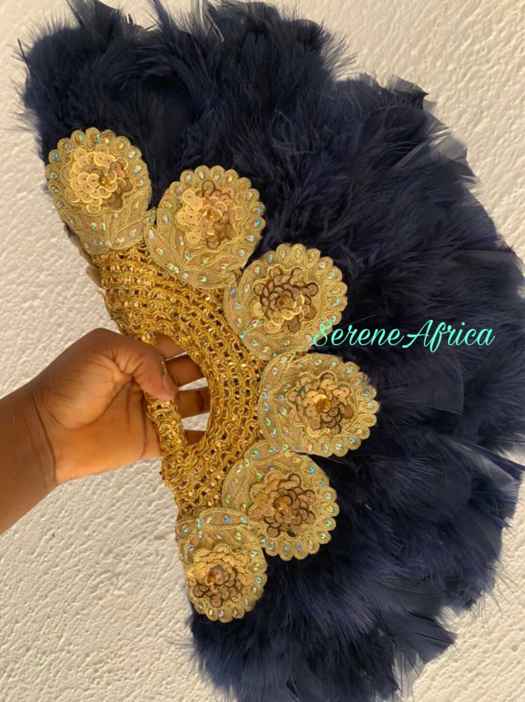 Navy Blue Feather Hand Fan, Clutch Semicircle African Traditional Wedding Bridal Hand Fan