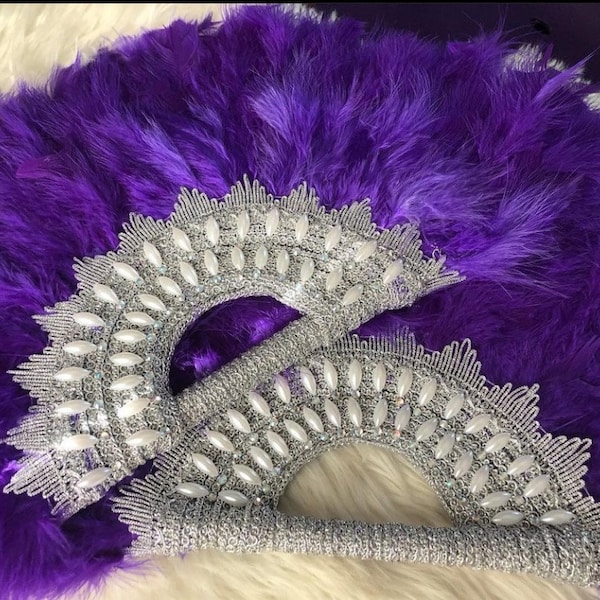 Purple Silver Clutch Hand Fan, Semi-Circle African Traditional Wedding Bridal Feather Hand Fan, African Nigerian Wedding Hand fan,