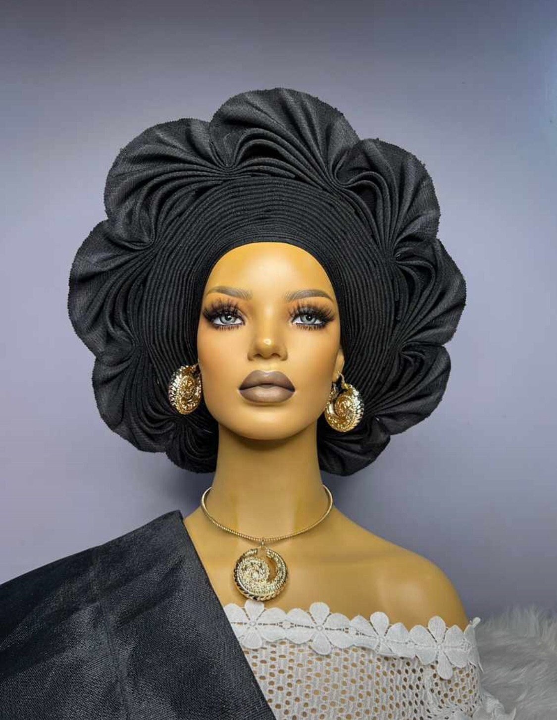 Headwrap for Black Women. Autogele Aso-Oke Black, Pre-Tied African Headwrap Headpiece Headband Headgear, Nigerian Yoruba Bride Gele