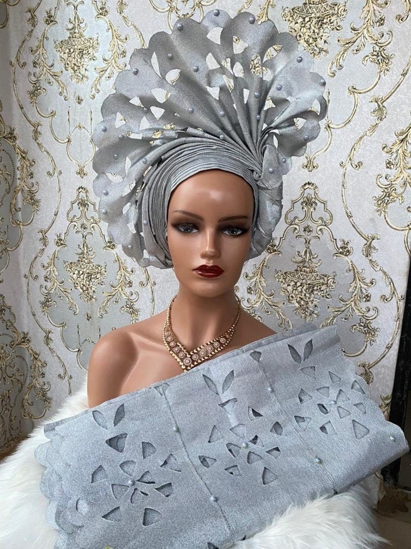 Pretied Silver Auto Gele Asooke Head Wrap, African Headpiece, Nigeria