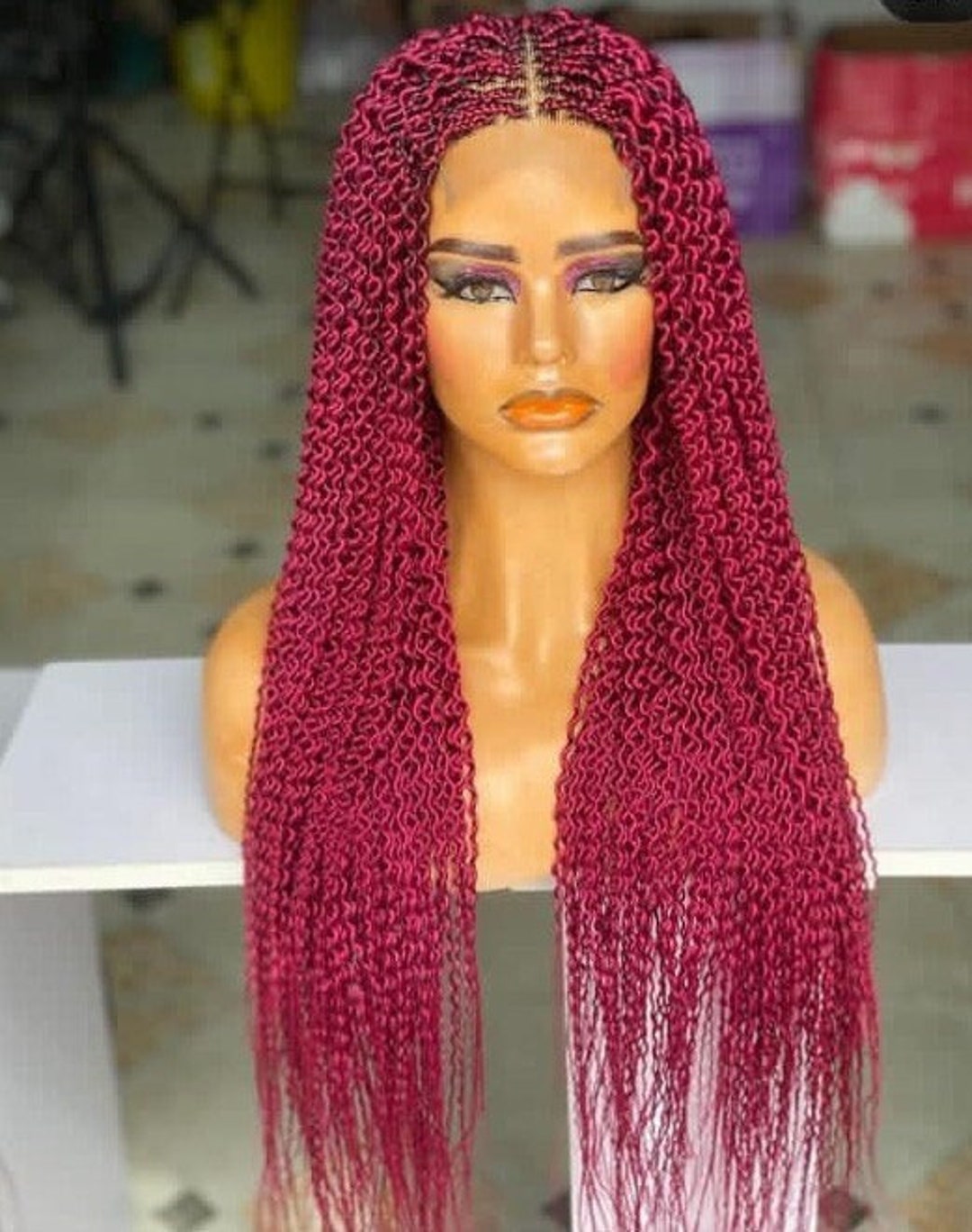 Burgundy Braided Wigs With Curls, Wigs for Black Women, Brown Wigs, Box