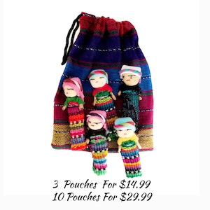 Set of 5 Worry Dolls In A Bag Handmade in Guatemala Trouble Dolls for Anxiety Relief, Stress Gift, Mexican Folk Art, Mini Doll Pouch (Bulk)