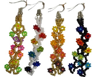 Handmade Beaded Earrings Daisy Chain  Floral Dangle Czech Glass Artisan Jewelry