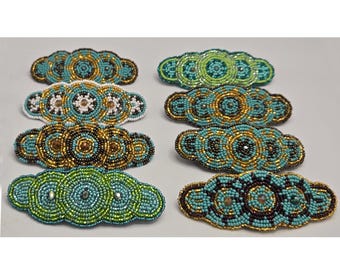 Handmade Beaded Oval Barrette: Czech Glass Mandala Boho Hair Clip 4"x1.5"