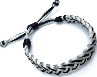 Adjustable Braided Cord Bracelet, Black and White Sliding Knot Jewelry, Handmade Boho Style