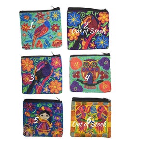 Bestickter Reißverschluss-Geldbeutel Handgefertigter 5x4-Beutel mit schwarzem Futter mit bunten Vögeln, Eule, mexikanischem Mädchen und Blumen, Fair-Trade Guatemala