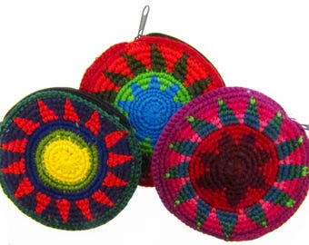 Hand-Crocheted Mayan Coin Purse: Guatemalan Cotton Pouch (3" x 3") Wholesale  Bulk Zipper Boho Bag