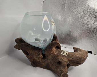 Hand Blown Glass Bowl on Driftwood Base: Removable Glass Art, Nautical Ocean Themed Planter