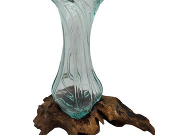Handblown Glass Bud Vase on Driftwood – Boho Teak Sculpture