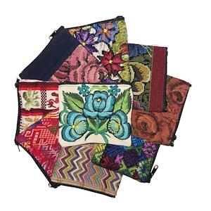 Handmade Coin Purse Embroidered Bag Made with Guatemalan Upcycled Textiles, Multicolored Guatemalan Zipper Boho Pouch Bag Gift For Her 4x4