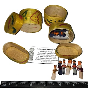 Guatemalan Worry Dolls In Yellow White Oval Box Handmade Folk Art Stress Relief Anxiety Gift Cute Pocket Dolls Unique Boho Decor Calming Set