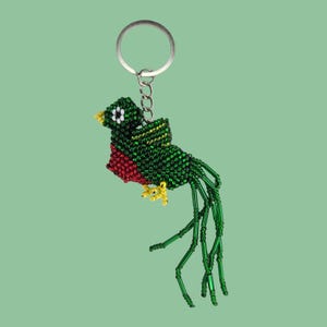 Beaded Quetzal Bird Keychain: Guatemala Boho Bag Charm