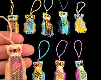 Handmade Beaded Owl Bag Charm Czech Glass Rearview Mirror Hanging Ornament