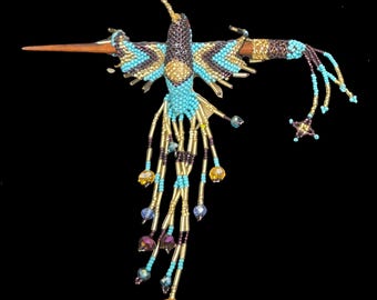 Hummingbird Beaded Hair Barrette With Wood Stick, Native American Feather Inspired, Handmade In Guatemalan