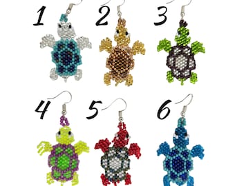 Beaded Turtle Earrings Handmade Animal Dangle Jewelry