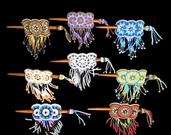 Beaded Barrette Hair Clip Wooden Stick: Handmade Boho Mandala Design