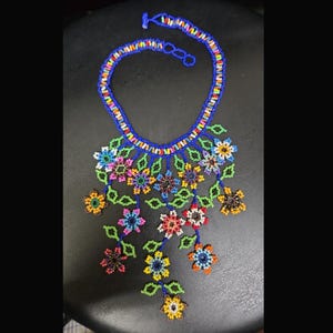 Beaded Floral Necklace, Statement Jewelry, Guatemalan Czech Glass Petal Art, Lightweight Fringe Style